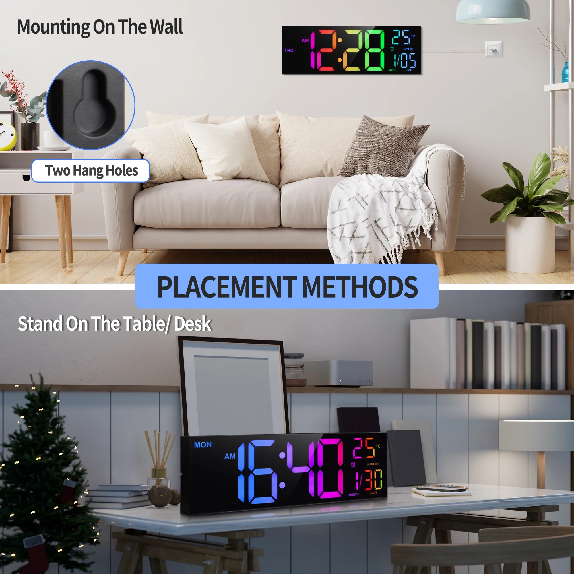 16 Large Digital Wall Clock with Remote – Big LED Display,8RGB Colors