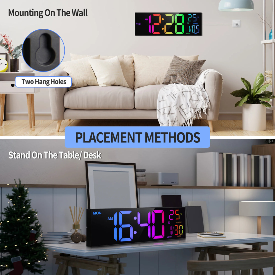 16 Large Digital Wall Clock with Remote – Big LED Display,8RGB Colors