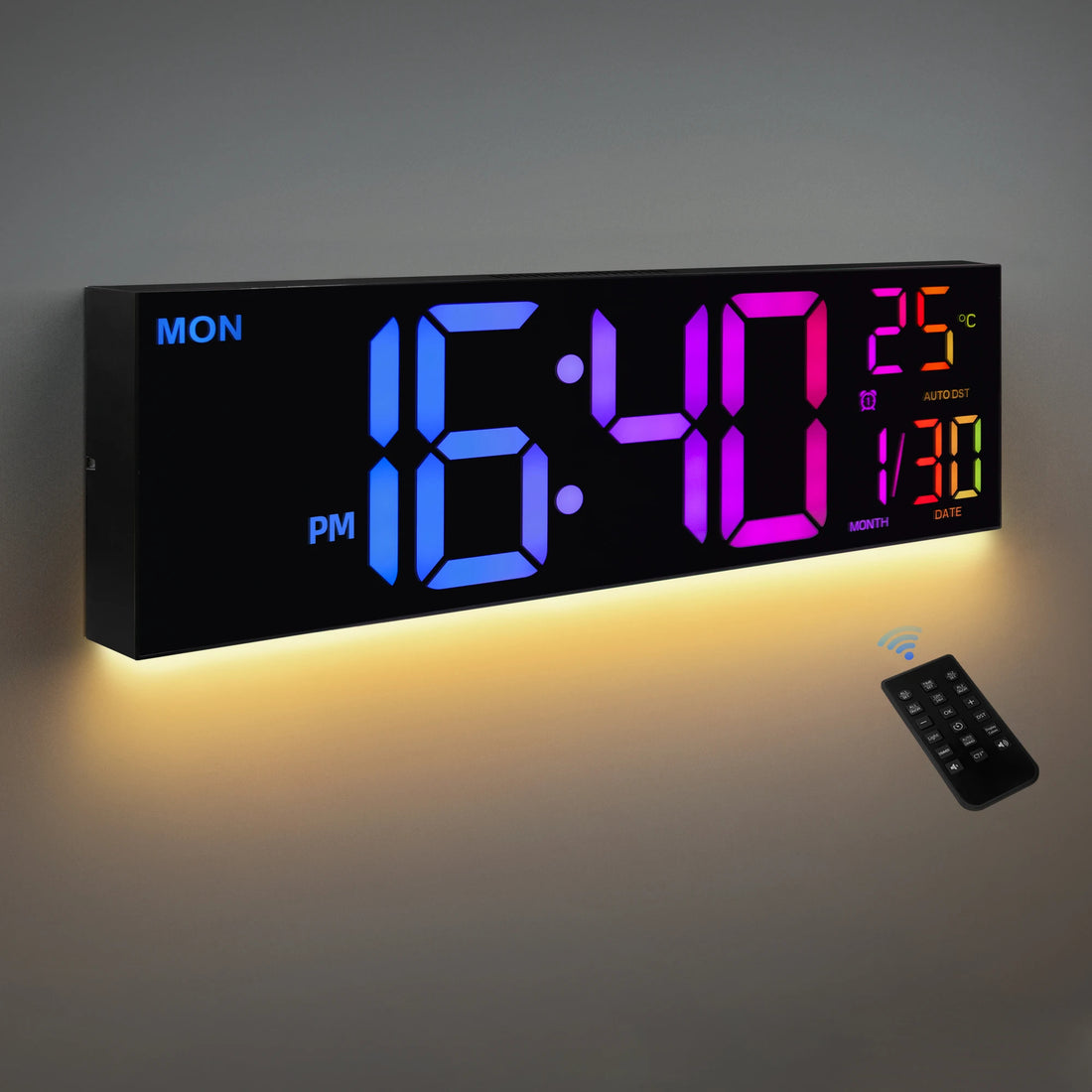 16 Large Digital Wall Clock with Remote – Big LED Display,8RGB Colors