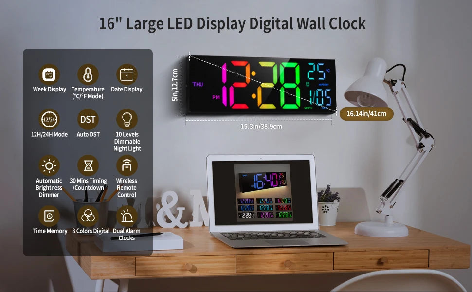 16 Large Digital Wall Clock with Remote – Big LED Display,8RGB Colors