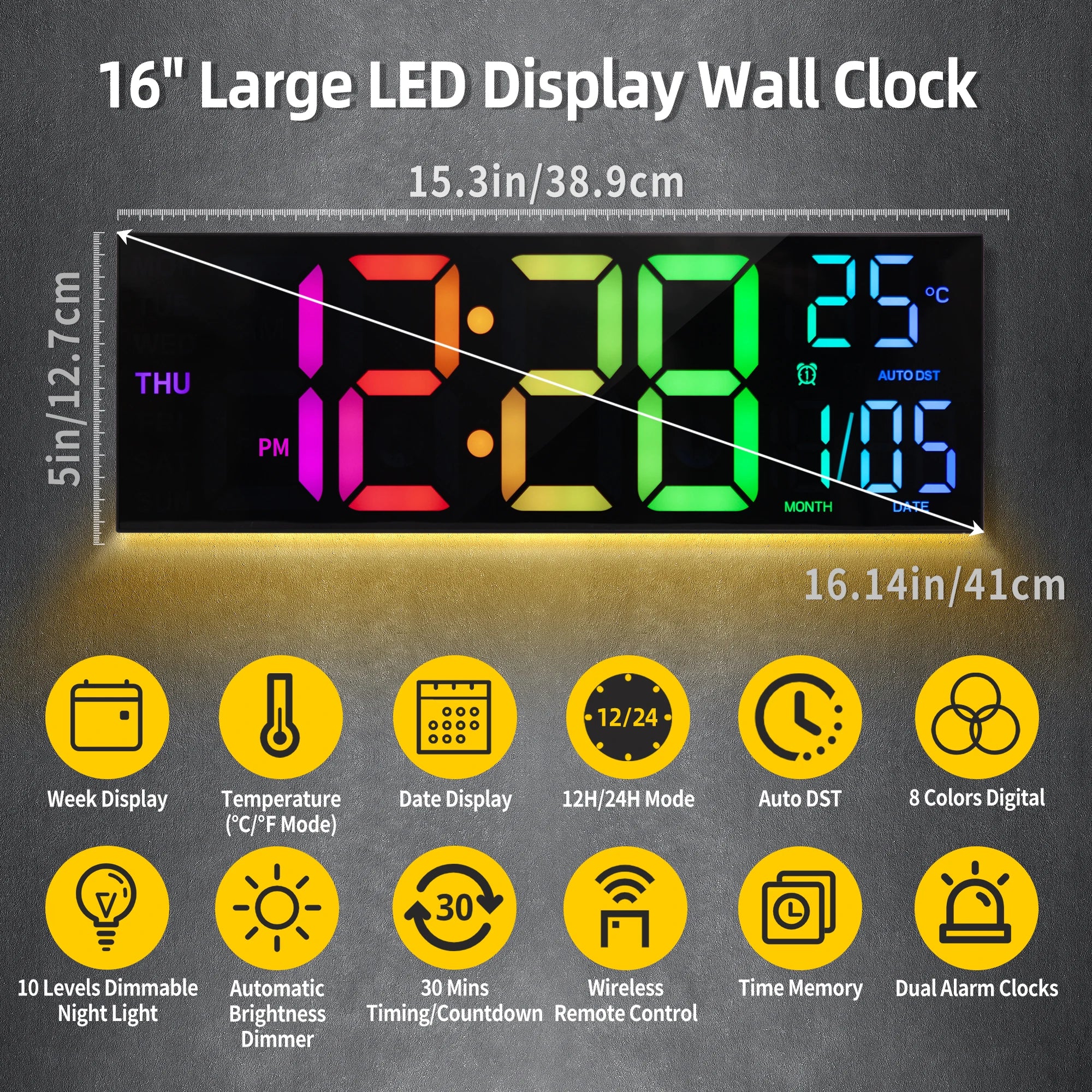 16 Large Digital Wall Clock with Remote – Big LED Display,8RGB Colors