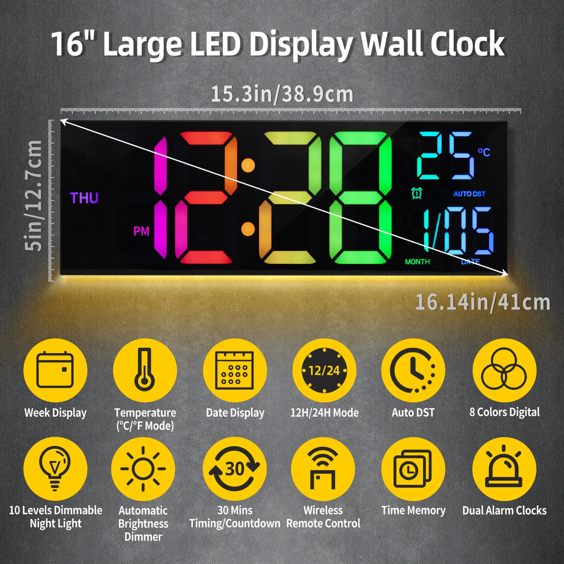 16 Large Digital Wall Clock with Remote – Big LED Display,8RGB Colors