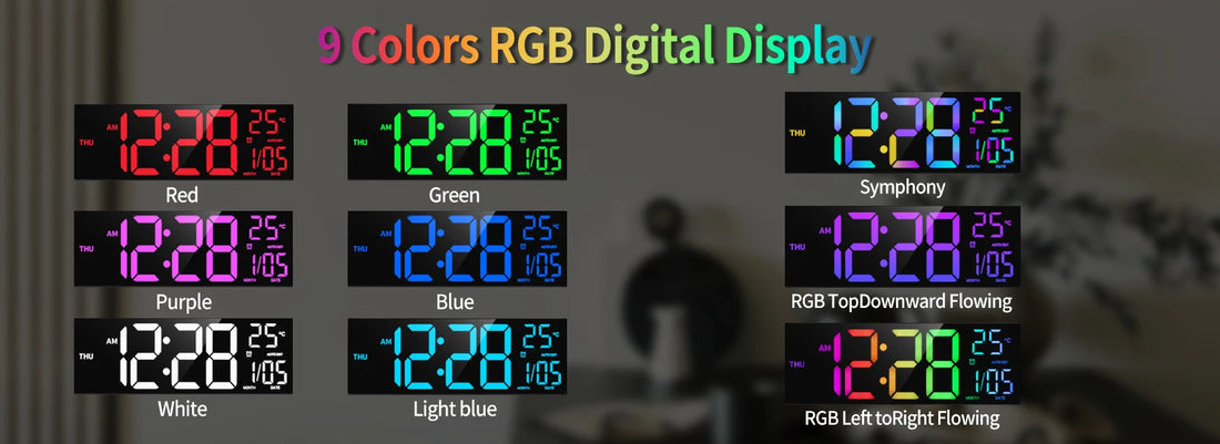 16 Large Digital Wall Clock with Remote – Big LED Display,8RGB Colors