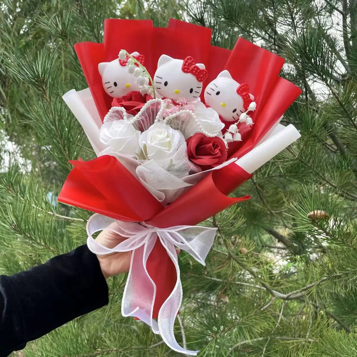 Kawaii Hello Kitty Cat Doll Bouquet with Artificial Flowers – Cute Gift for Valentine’s Day