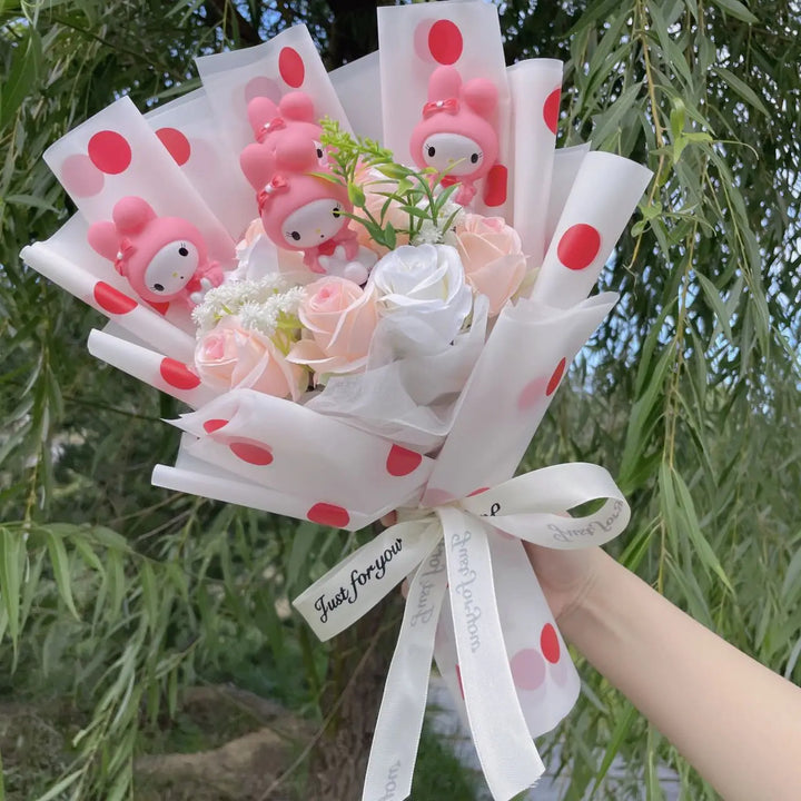 Kawaii Hello Kitty Cat Doll Bouquet with Artificial Flowers – Cute Gift for Valentine’s Day