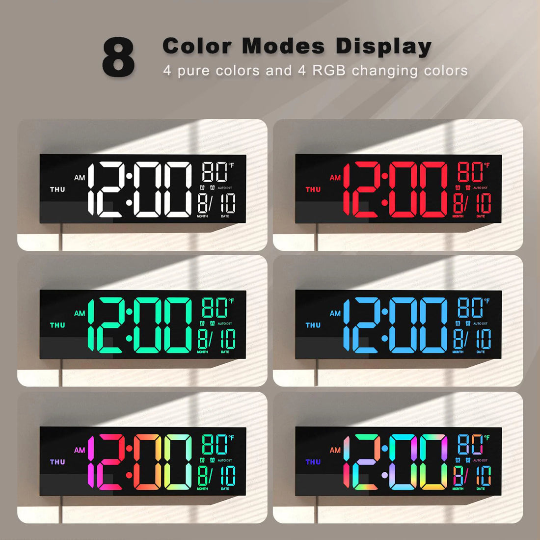 16 Large Digital Wall Clock with Remote – Big LED Display,8RGB Colors