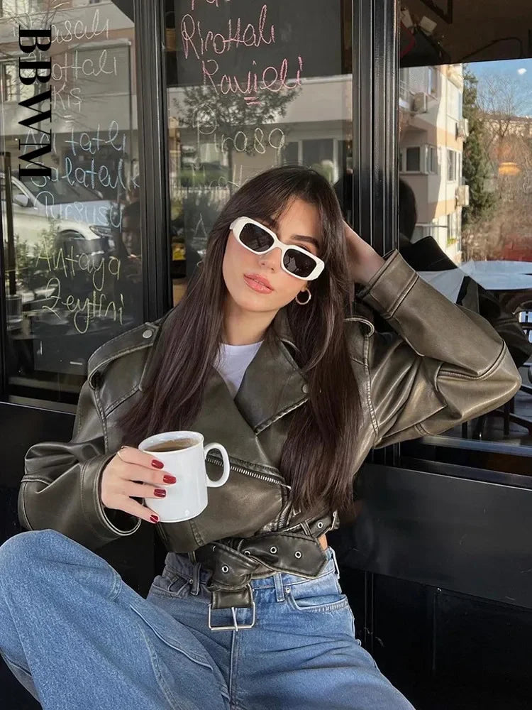 BBWM Women’s Oversized Faux Leather Moto Jacket | Vintage PU Biker Coat