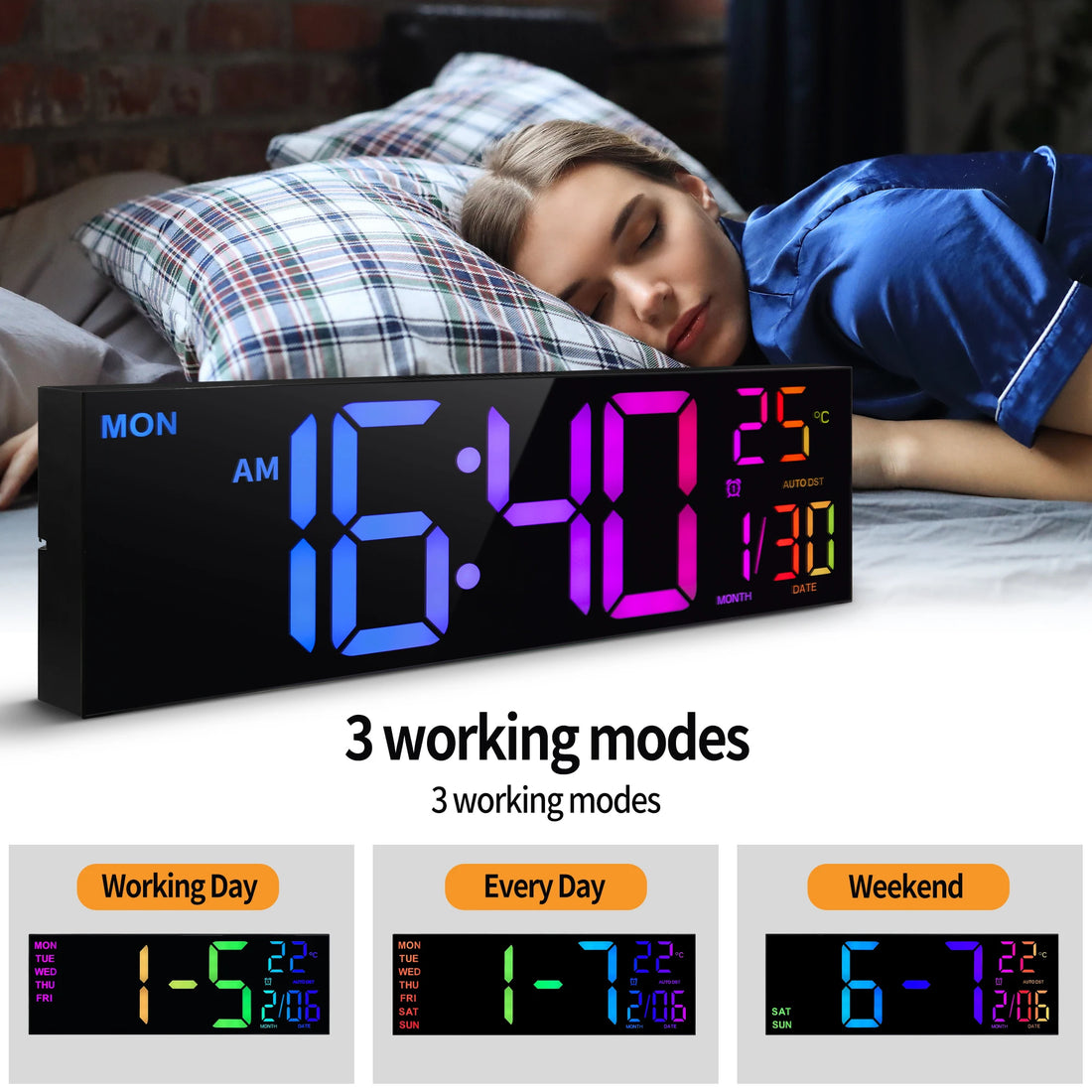 16 Large Digital Wall Clock with Remote – Big LED Display,8RGB Colors