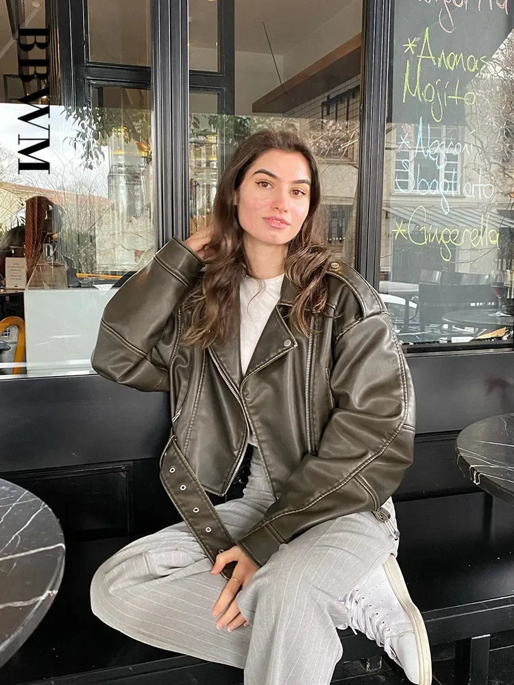 BBWM Women’s Oversized Faux Leather Moto Jacket | Vintage PU Biker Coat