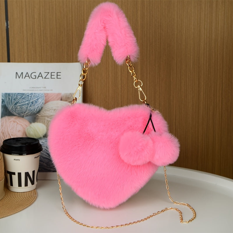 Cute Plush Heart Shoulder Bag | Soft Heart Cross-body Purse for Women