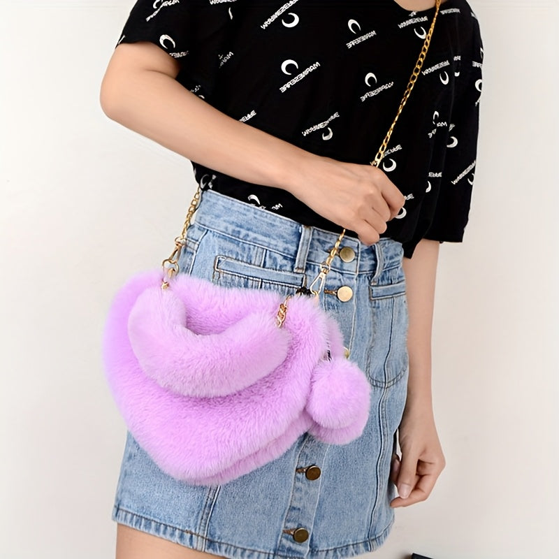 Cute Plush Heart Shoulder Bag | Soft Heart Cross-body Purse for Women