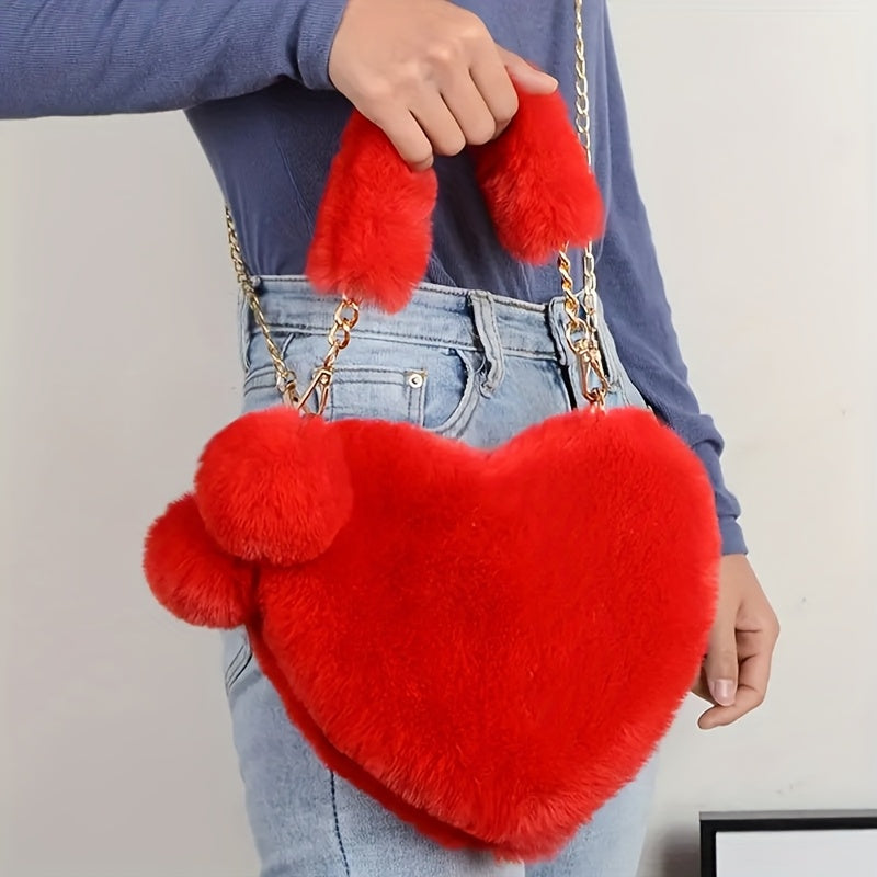 Cute Plush Heart Shoulder Bag | Soft Heart Cross-body Purse for Women