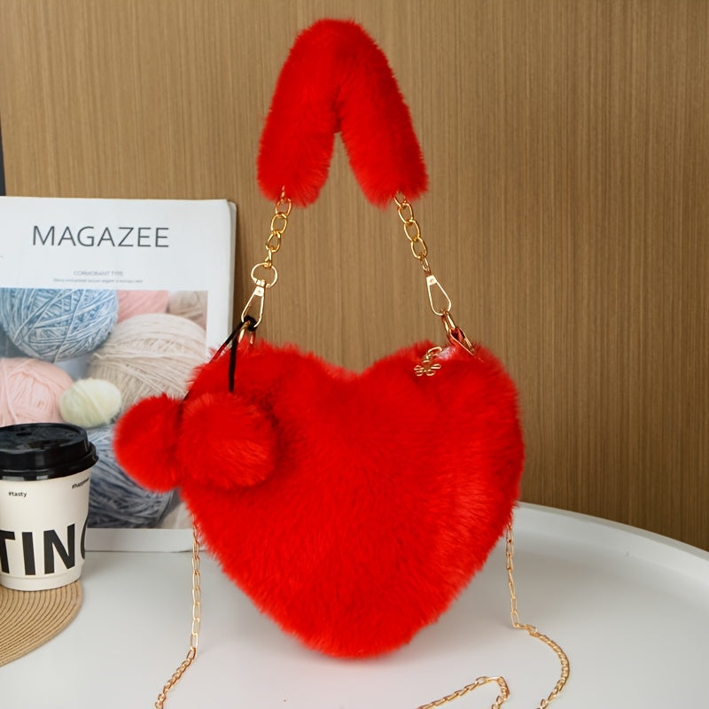 Cute Plush Heart Shoulder Bag | Soft Heart Cross-body Purse for Women
