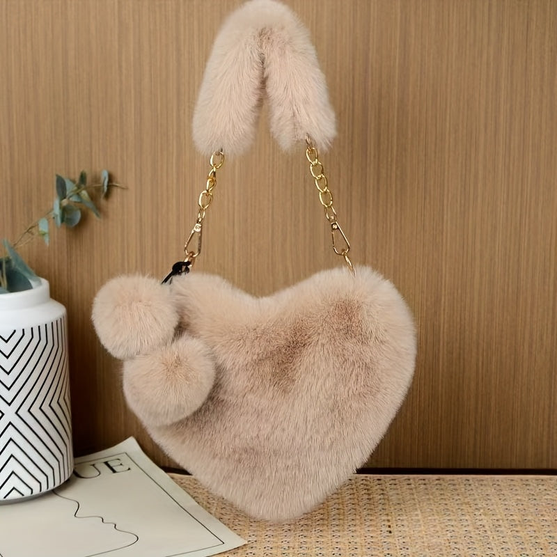 Cute Plush Heart Shoulder Bag | Soft Heart Cross-body Purse for Women