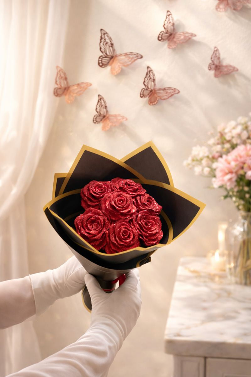 Artificial hand made  Luxury 7 Red Rose Bouquet Gift Wrapped – 25cm – Perfect Romantic Gift